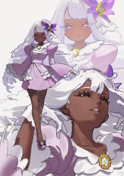 Rule 34 | 1girl, ascot, brooch, commentary request, crossed legs, dark-skinned female, dark skin, dress, fascinator, fishnet pantyhose, fishnets, frilled ascot, frilled dress, frilled sleeves, frills, full body, gloves, hair flip, half-closed eyes, hands in own hair, hands up, highres, jacinthe (pokemon), jewelry, juliet sleeves, long eyelashes, long sleeves, looking at viewer, low drills, multiple views, nintendo, pantyhose, parted lips, pokemon, pokemon legends: z-a, puffy sleeves, purple dress, purple eyes, purple hair, purple shoes, shoes, short dress, sleeves past wrists, smile, sora no87, upper body, very dark skin, watson cross, white gloves, wide sleeves