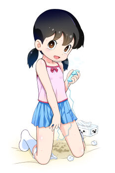 absurdres black_hair blue_skirt brown_eyes camisole doraemon female_masturbation highres kneeling kuuchuu_yousai loli long_hair low_twintails masturbation minamoto_shizuka miniskirt open_mouth panties panties_around_leg pink_camisole pussy_juice sex_toy skirt smile socks thighs tissue tissue_box twintails underwear used_tissue vibrator white_panties white_socks