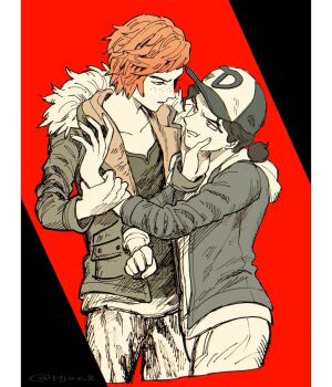 2girls angry blue_eyes blue_jacket brown_eyes brown_hair clementine_(the_walking_dead) female_focus grabbing_another&#039;s_hand green_jacket hat highres holding_face holding_own_arm jacket minerva_(the_walking_dead) multiple_girls shirt tall_female telltale_games the_walking_dead the_walking_dead_(game) white_shirt yuri