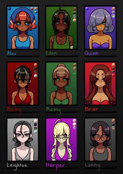 Rule 34 | 6+girls, absurdres, ahoge, alex (degrees of lewdity), alex (female) (degrees of lewdity), bailey (degrees of lewdity), bailey (female) (degrees of lewdity), bandaged arm, bandages, black-framed eyewear, black hair, bra, breasts, briar (degrees of lewdity), briar (female) (degrees of lewdity), brown hair, character name, cleavage, color guide, commentary, dark-skinned female, dark skin, degrees of lewdity, earrings, eden (degrees of lewdity), eden (female) (degrees of lewdity), english commentary, glasses, green bra, green eyes, grey bra, grey eyes, grey hair, hair between eyes, hair over one eye, harper (degrees of lewdity), harper (female) (degrees of lewdity), highres, jewelry, landry (degrees of lewdity), landry (female) (degrees of lewdity), leighton (degrees of lewdity), leighton (female) (degrees of lewdity), multiple girls, purple eyes, queenyuriiii, quinn (degrees of lewdity), quinn (female) (degrees of lewdity), red hair, remy (degrees of lewdity), remy (female) (degrees of lewdity), scar, scar on arm, scar on chest, tan, tanline, underwear