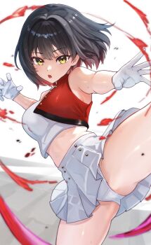 Rule 34 | 1girl, absurdres, black hair, blood, breasts, cheerleader, commentary, commission, crop top, gloves, highres, kunimoto rikuya, leg up, looking at viewer, medium breasts, midriff, miniskirt, open mouth, original, panties, pantyshot, short hair, skeb commission, skirt, solo, underwear, white gloves, white panties, white skirt, yellow eyes