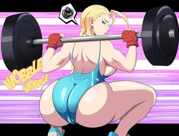 1girl ass ass_focus back bare_shoulders blonde_hair breasts cammy_white commentary english_commentary exercising grimphantom huge_ass muscular muscular_female solo squatting street_fighter weight weightlifting
