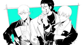 Rule 34 | 3boys, aqua background, beard, bleach, casual, closed eyes, commentary request, crossed arms, facial hair, frown, greyscale with colored background, hair between eyes, hand hair, hand on own hip, highres, holding, ichimaru gin, jacket, kyouraku shunsui, m1gm1gmagnesium, male focus, multiple boys, reading, signature, smile, ukitake juushirou