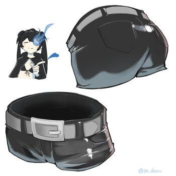 1girl ass belt bikini bikini_top_only black_hair black_rock_shooter black_rock_shooter_(character) black_shorts clothes_focus commentary_request flaming_eye highres leather_shorts no_shirt oushi_(04_desuu) pale_skin shorts swimsuit twintails uneven_twintails