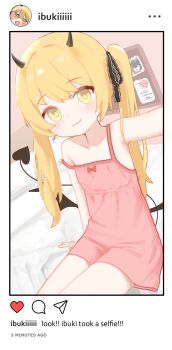 1girl :3 absurdres asymmetrical_hair black_horns black_ribbon black_tail black_wings blonde_hair blue_archive bow chiaki_(blue_archive) closed_mouth collarbone demon_girl demon_horns demon_tail demon_wings dress dress_bow english_text fake_phone_screenshot fake_screenshot flat_chest highres horns ibuki_(blue_archive) long_hair looking_at_viewer nullkurage peroro_(blue_archive) pink_dress ribbon selfie short_dress side_ponytail single_sidelock sitting smile solo strap_slip sundress tail wings yellow_eyes