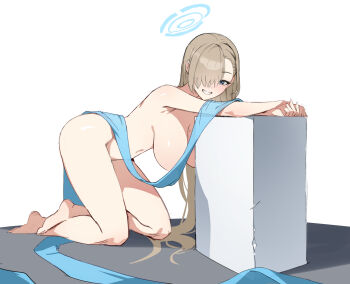 1girl asuna_(blue_archive) barefoot blue_archive blue_halo breasts convenient_censoring feet hair_over_one_eye halo hanging_breasts highres jason_kim large_breasts legs light_brown_hair modeling mole mole_on_breast navel nude simple_background smile solo toes white_background