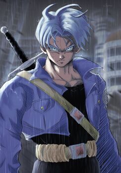 1boy absurdres black_pants black_shirt blue_jacket blurry blurry_background dragon_ball dragonball_z highres jacket looking_at_viewer outdoors pants purple_hair rain shirt short_hair solo sword sydoria trunks_(dragon_ball) trunks_(future)_(dragon_ball) weapon