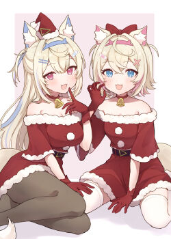 2girls absurdres alternate_costume animal_ears bandaid bandaid_hair_ornament black_pantyhose blue_streaks breasts choker cleavage commentary_request dog_ears dog_girl dog_tail dress fangs fur-trimmed_dress fur-trimmed_headwear fur_trim fuwawa_abyssgard hair_ornament hairpin hat highres hololive hololive_english large_breasts long_hair looking_at_viewer medium_hair mochigome_19 mococo_abyssgard multicolored_hair multiple_girls open_mouth pantyhose pink_streaks red_choker red_dress santa_costume santa_dress santa_hat skin_fangs smile streaked_hair tail very_long_hair virtual_youtuber x_hair_ornament