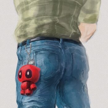 1boy ass belt character_doll charm_(object) close-up commentary_request deadpool deadpool_&amp;_wolverine deadpool_(series) denim doll from_behind green_shirt hamu_popopo highres jeans male_focus marvel marvel mature_male pants shirt solo standing thighs wolverine_(x-men) x-men