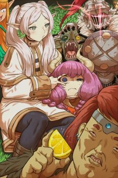 3boys 3girls arm_shield armor aura_(sousou_no_frieren) black_pantyhose blue_eyes character_request colored_skin commentary copyright_request crossover demon_girl demon_horns dress earrings elf english_commentary eye_trail food frieren fruit fur-trimmed_armor fur_trim goblin goblin_slayer goblin_slayer! green_eyes green_skin grey_armor haraya_manawari holding holding_detached_head holding_lemon horns jewelry lemon lemon_slice light_trail long_hair multiple_boys multiple_crossover multiple_girls orange_hair pantyhose pointy_ears purple_hair sitting sousou_no_frieren v v_over_eye very_long_hair visor_(armor) white_dress white_hair