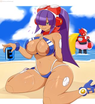 1girl absurdres areola_slip beach bouncing_breasts breasts green_eyes highres jinu_(jinusenpai) large_areolae large_breasts layer_(mega_man) long_hair looking_at_viewer mega_man_(series) mega_man_x_(series) navel purple_hair sitting smile sweat swimsuit zero_(mega_man)