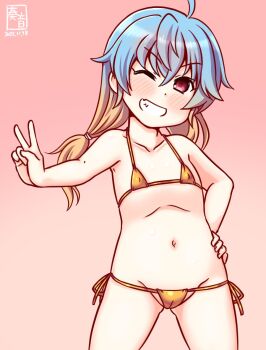 1girl bikini blonde_hair blue_hair cameltoe covered_erect_nipples cowboy_shot flat_chest gradient_background gradient_hair green_eyes grin hand_in_pocket hand_on_own_hip kanon_(kurogane_knights) kantai_collection loli long_hair low_twintails lowleg lowleg_bikini micro_bikini multicolored_hair navel one-hour_drawing_challenge one_eye_closed pink_background sado_(kancolle) side-tie_bikini_bottom smile solo swimsuit twintails v