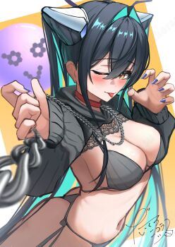 1girl :p absurdres ass bikini black_bikini black_hair blue_hair blue_nails blush breasts cleavage closed_mouth cowboy_shot cropped_hoodie da_kuronikorasu from_above goddess_of_victory:_nikke hair_intakes highres hood hoodie large_breasts leash little_mermaid_(nikke) long_sleeves looking_at_viewer multicolored_hair nail_polish navel one_eye_closed reaching reaching_towards_viewer side-tie_bikini_bottom solo standing swimsuit tongue tongue_out twintails two-tone_hair wink yellow_background yellow_eyes