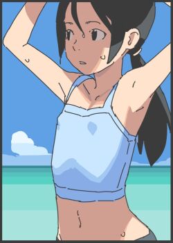 1girl armpits arms_up black_eyes black_hair blue_camisole camisole cloud covered_erect_nipples crop_top flat_chest horizon long_hair low_ponytail midriff navel ocean original ponytail solo sweat takamichi upper_body