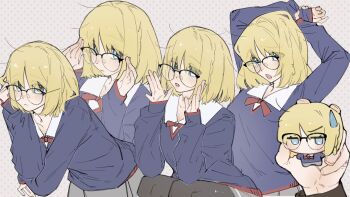 Rule 34 | 1boy, 1girl, blonde hair, blue eyes, blush, chinese commentary, collared shirt, commentary request, fate/strange fake, fate (series), glasses, highres, looking at viewer, medium hair, mini person, minigirl, multiple views, open mouth, richard i (fate), sajou ayaka (fate/strange fake), shirt, shuouyu, sweatdrop, sweater