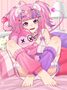 1girl absurdres ahoge breasts commentary_request decora demon_girl demon_horns demon_tail fishnet_top fishnets heart heart_ahoge highres horns hrk_itoshi ironmouse ironmouse_outfit_art_contest large_breasts leg_warmers long_hair looking_at_viewer nail_polish pink_leg_warmers pink_nails pointy_ears purple_leg_warmers sharp_teeth shirt solo tail teeth toenail_polish toenails two_side_up very_long_hair virtual_youtuber vshojo white_shirt