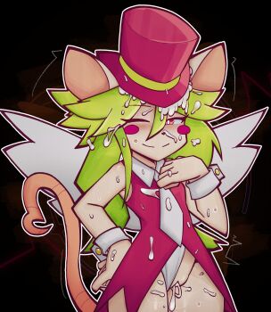 1girl absurdres animal_ears black_background blush blush_stickers breasts bukkake closed_mouth clothing_aside collared_shirt cuff_links cum cum_in_pussy cum_on_body cum_on_clothes cum_on_hair cum_on_upper_body facial furry gesture green_hair hat headgear heart highres loli long_hair lunny_sketch mad_rat_dead mouse_ears mouse_girl mouse_tail necktie nippon_ichi_software nose one_eye_closed panties panties_aside petite pussy rat_god rat_god_(mad_rat_dead) red_eyes shirt simple_background small_breasts smile solo standing sweat tail top_hat underwear wings wrist_cuffs