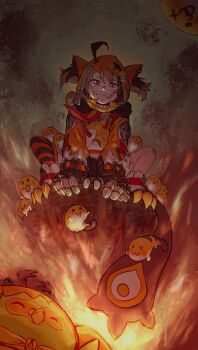 Rule 34 | 1girl, ahoge, akari ash, blonde hair, brown hair, explosion, explosion background, fire, gigi murin, gigi murin (1st costume), grem (gigi murin), grin, hair through hood, highres, holojustice, hololive, hololive english, hood, hooded shrug, hoodie, long sleeves, looking at viewer, low light, metal gloves, multicolored hair, orange hood, orange hoodie, orange shrug, pink eyes, popo (gigi murin), short hair, shrug (clothing), smile, solo, tail, teeth, twintails, two-tone hair, virtual youtuber