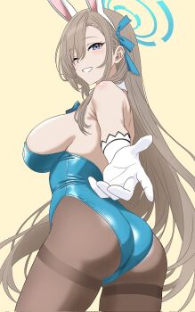 Rule 34 | 1girl, animal ears, ass, asuna (blue archive), asuna (bunny) (blue archive), blue archive, blue leotard, breasts, brown hair, commentary, detached collar, eighter, fake animal ears, from behind, from below, gloves, hair over one eye, halo, highres, large breasts, leotard, long hair, official alternate costume, one eye closed, outstretched hand, pantyhose, playboy bunny, rabbit ears, sideboob, strapless, strapless leotard, white gloves