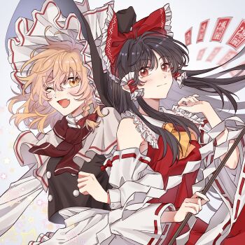 2girls ;d apron ascot black_hair black_hat black_vest blonde_hair bow braid capelet closed_mouth danmaku detached_sleeves fang frilled_bow frilled_hair_tubes frilled_shirt_collar frills gohei hair_between_eyes hair_bow hair_tubes hakurei_reimu hat highres hitte5416 holding holding_gohei kirisame_marisa long_hair long_sleeves looking_at_viewer multiple_girls ofuda one_eye_closed open_mouth red_bow red_ribbon red_scarf red_shirt ribbon ribbon-trimmed_sleeves ribbon_trim scarf shirt side_braid simple_background single_braid skin_fang sleeveless sleeveless_shirt smile touhou vest waist_apron white_apron white_background white_capelet white_shirt white_sleeves wide_sleeves witch_hat yellow_ascot yellow_eyes