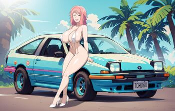 absurdres bikini breasts closed_eyes high_heels highres large_breasts meegodraws micro_bikini nami_sos! pink_hair pinup_(style) swimsuit tomoko_utsunomiya toyota toyota_sprinter_trueno tropical white_bikini