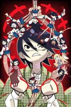 absurdres bandage_over_one_eye bandages black_hair blanket bourbunbun fujiyoshi_harumi fuura_kafuka glasses hakama highres hitotoshite_jiku_ga_bureteiru hitou_nami itoshiki_nozomu japanese_clothes kaga_ai kimura_kaere kitsu_chiri kobushi_abiru komori_kiri noose otonashi_meru pornography red_background sayonara_zetsubou_sensei school_uniform sekiutsu_maria_tarou serafuku shosei shovel suicide teacher_and_student tsunetsuki_matoi yaoi_(object)