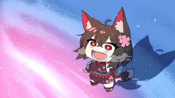 1girl ahoge akaoni_(zumt3548) animal_ear_fluff animal_ears animated animated_gif bead_belt bead_bracelet beads black_hair black_tail blue_sash bracelet breasts bright_pupils chopper_crying_(meme) commission crying flower fox_ears fox_tail gradient_sleeves hair_flower hair_ornament highres jewelry katsumi_(tamamo) meme open_mouth original red_eyes red_skirt sash short_hair skeb_commission skirt snow solo tail teeth thighhighs tongue white_pupils white_thighhighs