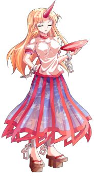 1girl alcohol alphes_(style) blonde_hair blue_skirt breasts brown_sandals buruma_under_skirt closed_eyes commentary_request cuffs cup dairi full_body geta hand_on_own_hip highres holding holding_cup horns hoshiguma_yuugi large_breasts large_variant_set leaf_print long_hair long_skirt parody parted_bangs parted_lips print_skirt puffy_short_sleeves puffy_sleeves red_horns sakazuki sake sandals see-through_clothes see-through_skirt shackles shirt short_sleeves simple_background single_horn skirt solo standing style_parody t-shirt tachi-e touhou transparent_background variant_set white_shirt