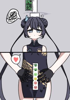 1girl 525_woiwo absurdres black_dress black_gloves black_hair blue_archive blue_eyes butterfly_hair_ornament china_dress chinese_clothes closed_mouth commentary dick-o-meter double_bun dragon_print dress female_focus gloves grey_background hair_bun hair_ornament halo heart height highres kisaki_(blue_archive) long_hair measuring penis_measuring ruler simple_background sleeveless sleeveless_dress spoken_heart spoken_squiggle squiggle twintails very_long_hair