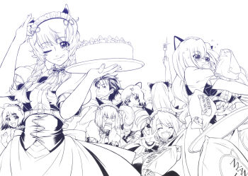 2boys 6+girls akiha_rumiho amane_suzuha animal_ear_hairband animal_ears beard_stubble belt_around_waist belt_buckle braid breasts buckle cake cat_ears child closed_eyes commentary_request dress drill_hair eibon facial_hair fake_animal_ears falling_food food fork frills from_behind glasses hairband holding holding_fork holding_plate kiryuu_moeka long_hair maid maid_headdress makise_kurisu mayqueen_maid_uniform medium_breasts monochrome multiple_boys multiple_girls okabe_rintarou pink_eyes plate puffy_short_sleeves puffy_sleeves science_adventure shiina_mayuri shiny_eyes short_hair short_sleeves small_breasts smile steins;gate stubble tennouji_nae tongue tongue_out tsurime twin_braids twin_drills twintails urushibara_luka