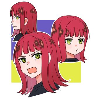 1girl black_shirt border commentary flipped_hair green_eyes katori_youko long_hair multiple_expressions multiple_views o3o puckered_lips purple_background red_hair shirt solo sonoda_(mzm) white_border world_trigger yellow_background