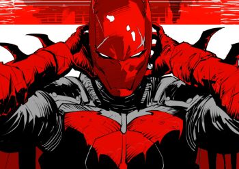 1boy bat_signal batman_(series) batman_symbol bodysuit cape dan_mora dc_comics gloves grey_bodysuit holding jason_todd male_focus mask multicolored_bodysuit muscular muscular_male red_hood_(dc) red_mask solo superhero_costume taut_bodysuit two-tone_bodysuit western_comics_(style)