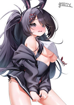 1girl @_@ absurdres alternate_costume animal_ears azur_lane bare_shoulders black_hair black_jacket black_panties breasts clothes_pull commentary_request commission cosplay embarrassed fake_animal_ears fang hair_ornament highres jacket jacket_pull long_hair looking_at_viewer marimo_daifuku medium_breasts no_bra off_shoulder open_clothes open_jacket open_mouth panties panty_peek pixiv_commission purple_eyes purple_hair rabbit_ears shimakaze_(azur_lane) shimakaze_(azur_lane)_(cosplay) side-tie_panties skirt skirt_tug sleeveless solo thighs twintails underboob underwear very_long_hair x_hair_ornament z11_(azur_lane)