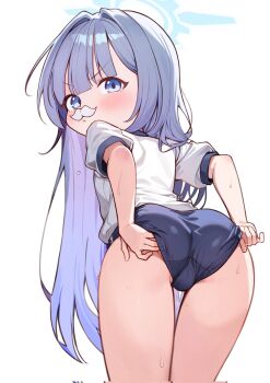 1girl adjusting_clothes adjusting_shorts ass blue_archive blue_eyes blue_hair blush buruma cherino_(blue_archive) facial_hair fake_facial_hair fake_mustache from_behind halo highres led_winter loli long_hair mustache open_mouth panties panties_peek pink_panties shorts sweat underwear white_background white_hair white_mustache