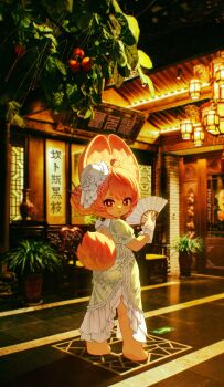 1girl absurdres ahoge alternate_costume alternate_hairstyle animal_ear_fluff animal_ears blush bow bright_pupils dress folding_fan frilled_dress frills from_behind furry furry_female gloves green_dress hand_fan hat highres holding holding_fan looking_at_viewer open_mouth outdoors pink_fur pink_hair rabbit_ears rabbit_girl red_eyes short_eyebrows solo thick_eyebrows white_bow white_gloves white_hat white_pupils yamisroot zenless_zone_zero zhao_(zenless_zone_zero)