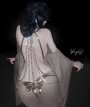 1girl absurdres ass back backboob black_background black_hair blue_hair breasts colored_inner_hair commentary english_commentary facing_away from_behind grey_shirt grey_skirt highres hololive hololive_english jewelry large_breasts long_hair long_sleeves massiveyog multicolored_hair ouro_kronii shirt simple_background skirt solo undressing virtual_youtuber