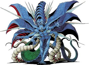 Rule 34 | absurdres, artist name, carapace, commentary, demon, demon (megami tensei), demon tail, demon wings, english commentary, extra arms, extra breasts, fangs, highres, kazuma kaneko, marker (medium), monster, multiple tails, multiple wings, no humans, official art, retro artstyle, satan (megami tensei), scales, scan, shin megami tensei, shin megami tensei ii, signature, solo, tail, third-party source, third eye, traditional media, transparent background, wings, yellow eyes