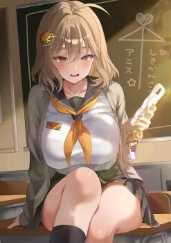 1girl absurdres anis_(nikke) black_skirt blush bra_visible_through_clothes breasts brown_eyes brown_hair cellphone chair chalkboard classroom collarbone commentary_request desk goddess_of_victory:_nikke hair_ornament highres holding holding_phone indoors large_breasts long_sleeves nigi_(ngmnoym) on_desk on_table open_mouth partial_commentary phone pleated_skirt sailor_collar school_chair school_desk school_uniform shirt shirt_tucked_in short_hair sitting skirt smartphone smile socks solo table thick_thighs thighs white_shirt
