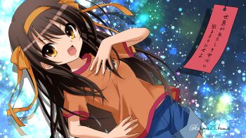 Rule 34 | 1girl, aged down, blue shorts, brown eyes, brown hair, dutch angle, hair ribbon, hairband, hand on own hip, hand up, highres, kuuma25 kuma, long hair, looking to the side, open mouth, orange hairband, orange ribbon, orange shirt, ribbon, shirt, short sleeves, shorts, solo, standing, suzumiya haruhi, suzumiya haruhi (young), suzumiya haruhi no yuuutsu, tanzaku, translation request, twitter username