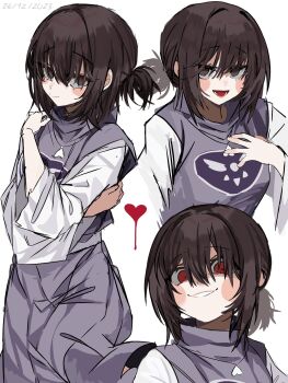 1girl blush_stickers brown_eyes brown_hair chara_(undertale) choir_outfit_(utdr) collared_dress commentary cosplay dated dress english_commentary evil_grin evil_smile genderswap genderswap_(otf) grin hair_between_eyes hand_on_own_chest heart heart_necklace highres jewelry kimeni_homeru long_sleeves looking_at_viewer medium_hair multicolored_eyes multiple_views necklace open_mouth purple_dress red_eyes red_pupils simple_background smile toriel toriel_(cosplay) undertale utdr_(toby_fox) white_background