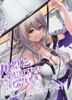 1girl armor bare_shoulders breasts clothing_cutout collarbone goddess_of_victory:_nikke grey_hair grin hand_on_headwear hat japanese_armor jingasa kote large_breasts large_hat leotard long_hair looking_at_viewer scarlet_(nikke) shoulder_armor smile sode solo white_leotard yellow_eyes youmou_usagi