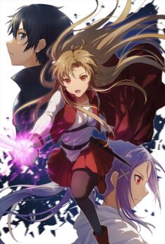 Rule 34 | 1boy, 2girls, armor, asuna (sao), belt, black belt, black hair, black jacket, black pantyhose, blue eyes, boots, breasts, brown hair, cape, closed mouth, commentary, english commentary, floating cape, floating hair, from side, full body, grey armor, hair between eyes, hair ornament, highres, holding, holding sword, holding weapon, hood, hooded cape, jacket, kirito, lace-up boots, long hair, long sleeves, looking at viewer, looking to the side, low ponytail, medium breasts, mito (sao), multiple girls, open clothes, open mouth, open vest, orange eyes, pantyhose, pleated skirt, ponytail, purple hair, red cape, red eyes, red skirt, red vest, rune (rne at), shirt, short hair, shoulder armor, sidelocks, simple background, skirt, standing, standing on one leg, sword, sword art online, teeth, tongue, upper body, v-shaped eyebrows, vest, wavy hair, weapon, white background, white cape, white shirt, x hair ornament