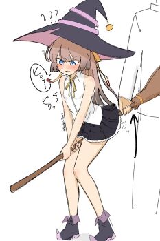 1boy 1girl absurdres admiral_(kancolle) black_hat black_skirt blue_eyes broom broom_riding brown_hair collared_shirt cosplay dress_shirt elaina_(majo_no_tabitabi) elaina_(majo_no_tabitabi)_(cosplay) full_body hat highres kantai_collection kazagumo_(kancolle) lifting_object long_hair majo_no_tabitabi pointy_boots ponytail shirt simple_background skirt sleeveless sleeveless_shirt solo_focus tsuru_(thunder_tsuru) white_background white_shirt witch_hat