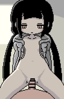 1boy 1girl akai_(ugokashitari) animated animated_gif bar_censor black_hair breasts brown_eyes censored cowgirl_position cum cum_in_pussy ejaculation expressionless girl_on_top grey_hoodie hetero hood hoodie lagtrain_(vocaloid) loli long_hair naked_hoodie open_clothes open_hoodie osage_(nukunuku_nigirimeshi) pixel_art sex small_breasts smile solo_focus straddling twintails vaginal