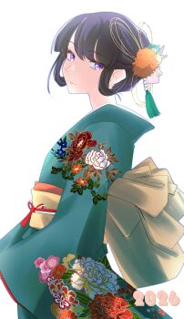 1girl absurdres alternate_costume alternate_hairstyle black_hair blunt_bangs commentary_request cowboy_shot floral_print flower green_kimono hair_bun hair_flower hair_ornament hair_rings highres japanese_clothes kantai_collection kimono kitakami_(kancolle) purple_eyes sidelocks simple_background solo tsukasa_(tukasa_br) white_background