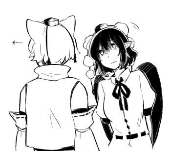 2girls animal_ears arms_behind_back arrow_(symbol) averting_eyes bird_wings closed_mouth collared_shirt commentary_request detached_sleeves greyscale hat inubashiri_momiji min.k monochrome multiple_girls neck_ribbon pointy_ears pom_pom_(clothes) puffy_short_sleeves puffy_sleeves ribbon ribbon-trimmed_sleeves ribbon_trim shameimaru_aya shirt short_hair short_sleeves tokin_hat touhou wings wolf_ears wolf_girl