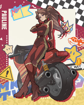 1girl ? blue_eyes bodysuit boots bow breasts brown_hair character_name coin commentary crossed_ankles daniel_deng drop_shadow earrings english_commentary eyelashes full_body gloves gold_coin gold_earrings hair_tie halftone hand_on_own_cheek hand_on_own_face happy high_heel_boots high_heels highres jewelry knee_boots leaning long_hair long_sleeves looking_ahead luma_(mario) mario_(series) mario_kart mario_kart_world medium_breasts motor_vehicle motorcycle nintendo official_alternate_costume parted_lips pauline_(aero)_(mario) pauline_(mario) pointy_nose ponytail red_bodysuit red_boots red_bow red_gloves smile solo sphere_earrings standing star_(symbol) tight_clothes turtleneck turtleneck_bodysuit two-tone_background yellow_background