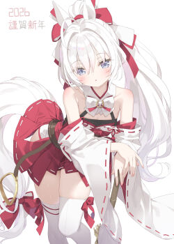 1girl 2026 ahoge animal_ears bamboo_broom bare_shoulders blue_eyes bow breasts broom chinese_zodiac cleavage clothing_cutout commentary_request feet_out_of_frame hair_between_eyes hair_bow hair_intakes hakama hakama_short_skirt hakama_skirt highres hip_vent horse_ears horse_girl horse_tail japanese_clothes kani_biimu leaning_forward long_hair long_sleeves looking_at_viewer original parted_lips ponytail red_bow red_hakama ribbon-trimmed_sleeves ribbon_trim simple_background skirt small_breasts solo standing stirrups_(riding) tail tail_bow tail_ornament thighhighs translation_request very_long_hair white_background white_sleeves white_thighhighs wide_sleeves year_of_the_horse