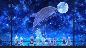 6+girls ahoge akane_lize animal_ears animal_focus aokumo_rin arahashi_tabi ayatsuno_yuni bhn_(bamhaneul1113) blue_theme bow braid braided_twintails commentary cone_hair_bun constellation everyone from_behind full_moon hair_bow hair_bun hair_ribbon hanako_nana highres holding_hands long_hair monochrome moon multiple_girls neneko_mashiro pointing ribbon shirayuki_hina short_hair sky sky_focus standing star_(sky) starry_sky stellive tail tenko_shibuki twintails very_long_hair virtual_youtuber whale window yuzuha_riko