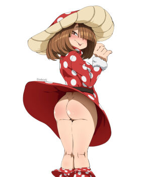 1girl :> ass blush boku_no_hero_academia breasts brown_eyes brown_hair closed_mouth clothes_lift dress felipe_godoy hat huge_ass komori_kinoko looking_at_viewer looking_back medium_breasts mushroom_hat no_panties polka_dot polka_dot_dress red_dress short_hair simple_background skirt skirt_lift smile solo standing symbol-shaped_pupils thighs tongue tongue_out white_background x-shaped_pupils
